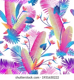 Pattern vector pink neon tropical leaves of palm, monstera, fern. Purple and blue plants on a white background.
