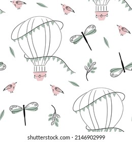 Pattern vector with red flowers and balloons. Flat image of flowers and hot air balloons