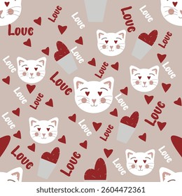 pattern vector with red hearts and cat faces on pink background 