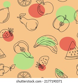 Pattern vector seamless abstract fruits. Outline drawing in doodle style. Icons juicy fruits whole and slices. Vector color illustration.