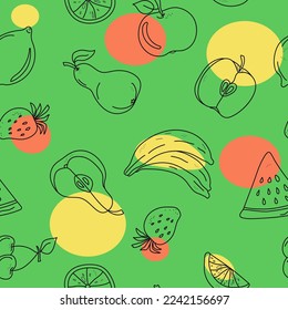 Pattern vector seamless abstract fruits. Outline drawing in doodle style. Icons juicy fruits whole and slices. Vector color illustration.