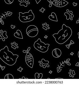 Pattern Vector, seamless. Cat doodles, animal food. Traces of the paws of a cat. Vector graphics.