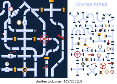 Pattern and Vector set details ware pipes system flat style. Collection of water tube, plastic pipeline, filtres, gas valve, fittings, plumbing, faucet, sewage. Construction and industrial technology