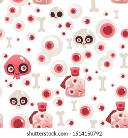 Pattern  vector skull and horror ghost with eye apple. Day of the dead or Halloween. glass jar with canned mushroom and eyes