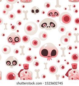 Pattern  vector skull and horror ghost with eye apple. Day of the dead or Halloween. glass jar with canned mushroom and eyes