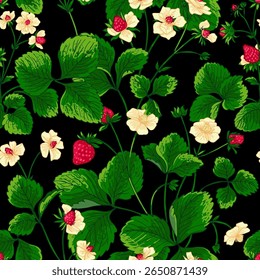 Patrón Vector Línea de color de fresas. Flores y bayas de verano. Cosecha, productos agrícolas.