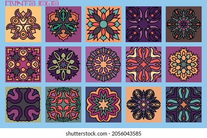 Pattern vector tiles traditional textures ornamental ceramics Spanish Portuguese Mexican Arabic Moroccan Italian colonial hydraulic majolica Turkish azulejos baldosas losetas racholas cerámicas patrón