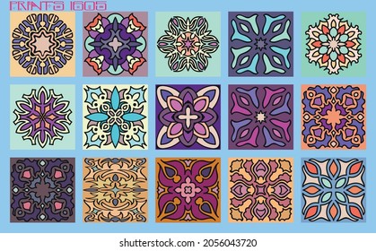 Pattern vector tiles traditional textures ornamental ceramics Spanish Portuguese Mexican Arabic Moroccan Italian colonial hydraulic majolica Turkish azulejos baldosas losetas racholas cerámicas patrón