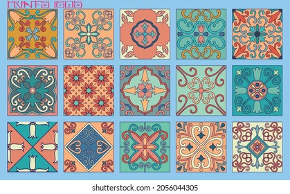 Pattern vector tiles traditional textures ornamental ceramics Spanish Portuguese Mexican Arabic Moroccan Italian colonial hydraulic majolica Turkish azulejos baldosas losetas racholas cerámicas patrón