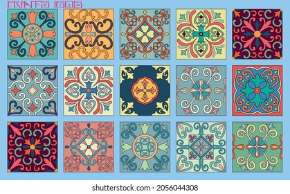 Pattern vector tiles traditional textures ornamental ceramics Spanish Portuguese Mexican Arabic Moroccan Italian colonial hydraulic majolica Turkish azulejos baldosas losetas racholas cerámicas patrón