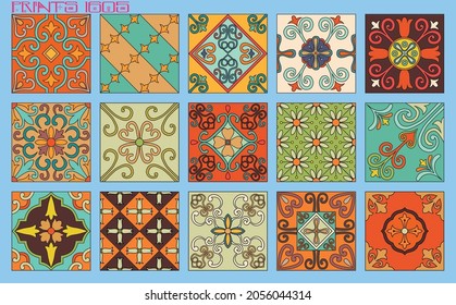 Pattern vector tiles traditional textures ornamental ceramics Spanish Portuguese Mexican Arabic Moroccan Italian colonial hydraulic majolica Turkish azulejos baldosas losetas racholas cerámicas patrón