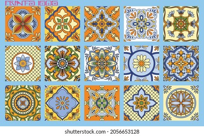 Pattern vector tiles traditional textures ornamental ceramics Spanish Portuguese Mexican Arabic Moroccan Italian colonial hydraulic majolica Turkish azulejos baldosas losetas racholas cerámicas patrón