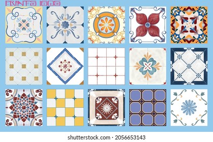 Pattern vector tiles traditional textures ornamental ceramics Spanish Portuguese Mexican Arabic Moroccan Italian colonial hydraulic majolica Turkish azulejos baldosas losetas racholas cerámicas patrón