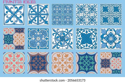 Pattern vector tiles traditional textures ornamental ceramics Spanish Portuguese Mexican Arabic Moroccan Italian colonial hydraulic majolica Turkish azulejos baldosas losetas racholas cerámicas patrón