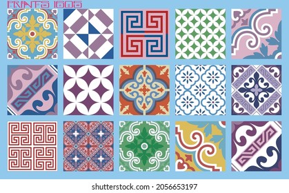 Pattern vector tiles traditional textures ornamental ceramics Spanish Portuguese Mexican Arabic Moroccan Italian colonial hydraulic majolica Turkish azulejos baldosas losetas racholas cerámicas patrón