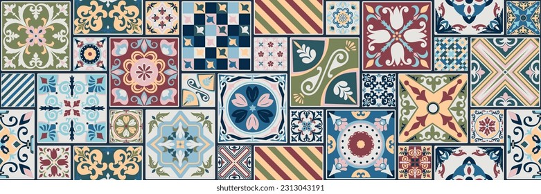 Pattern vector tiles traditional textures ornamental ceramics Spanish Portuguese Mexican Arabic Moroccan Italian colonial hydraulic majolica Turkish azulejos baldosas losetas racholas cerámicas patrón