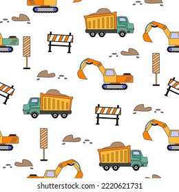 Pattern Vector Toy Cars.Pattern cartoon construction truck for kids.Pattern of construction vehicles,Construction equipment 