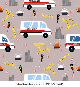 Pattern Vector Toy Cars.Pattern for kids.Pattern cartoon of ambulance .Ambulance and traffic lights light pattern