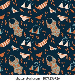 Patrón de ropa interior vectorial y ropa de baño. Diversos tipos de ropa de playa para mujeres, traje de baño, bikini, monokini. Arriba y abajo de la ropa interior. Ilustración plana vectorial aislada. Pancarta de verano