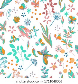 pattern, vector, white background, colorful flowers, leaves, stripes, seamless