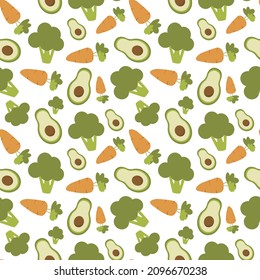 Patrón con verduras: aguacate, zanahoria, brócoli. Colores brillantes, comida vegetariana a base de plantas, comida saludable. Ilustración vectorial.
