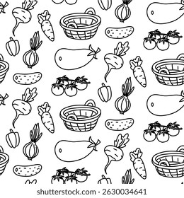 patroon van groenten, mand met tekeningen in de vorm van doodles. Monochrome textuur. Voorgevormde groenten zijn geschikt voor het maken van recepten, verpakkingen, menu's en stickers in een boer of vegetarische stijl