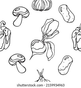 Muster mit Gemüse: Rüben, Zwiebeln, Pilze, Zwiebeln, Kartoffeln. Doodle	
