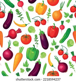 Pattern with vegetables in cartoon style. Vector illustration of seamless background with eggplant, beetroot, cabbage, tomato, pepper, chili, peas, cucumber, carrot, onion, radish on white background.