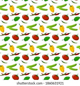 Patrón con verduras - pepinos, tomates, pimientos dulces. Verduras frescas. Ilustración vectorial. Para embalajes, tiendas y mercados, textiles y explotaciones agrícolas.