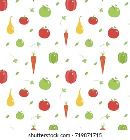 Pattern with vegetables and fruits design. Vector illustration with pear, apple, pepper, tomato and carrot on the white background. Eps 10