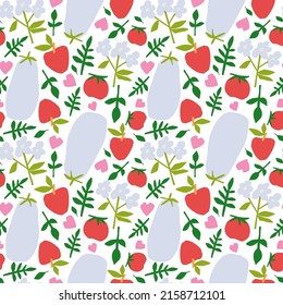 Muster von Gemüse und Obst in einem einfachen Cartoon-Stil. Vektorbunter Hintergrund mit Sammelnahrung. Auberginen, Tomate, Avocado, Apfel und Blätter. Helles und positives nahtloses Muster.