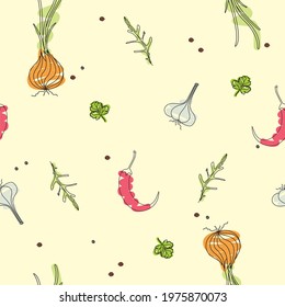 pattern vegetables and herbs, onions and peppers