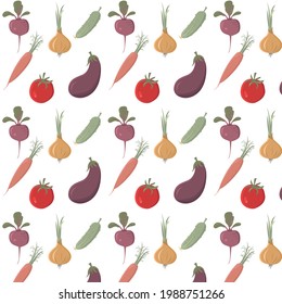 Patrón con verduras: cebolla, remolacha, berenjena, tomate, pepino, zanahoria. La jardinería es perfecta. Ilustración del vector