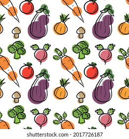 Pattern with vegetables. Original design eggplant, onion, tomato, radish, broccoli, mushroom, carrot.