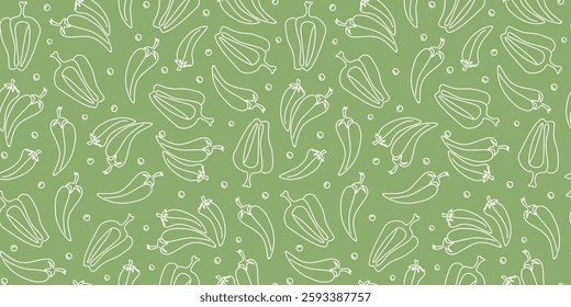 Pattern vegetables, pepper, chili. Line art. Seamless background. World Vegan Day. Food, natural, vegetarian, pepper pod. Farmers market and diet concept. Harvest.