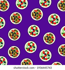 pattern of vegetables salad with different ingredients on violet background. Vector 