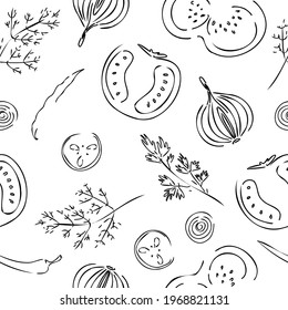 a pattern of vegetables. Seamless hand-drawn doodle drawing. Background illustration, postcards, posters, banners, textile prints, covers, web design. Eat healthy. Vector icons.