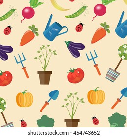 pattern with vegetables, together with garden accessories