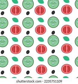 Pattern of vegetables - tomato, cucumber, olives, lettuce.	