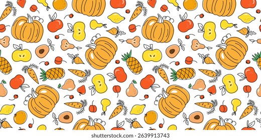 A pattern of vegetarian food, a set of vegetables, fruits, berries. Harvest festival. Drawings, doodle. Local farmer's market and dietary concept. Seamless background.
