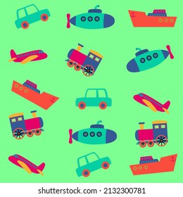 pattern with vehicles illustration on green background 