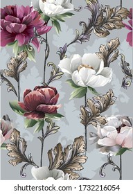 Pattern with vertical baroque leaves-swirls and bright peony flowers with silhouette of swirls on background