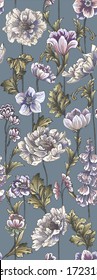 Pattern with vertical baroque peony flowers and field flowers,colorful floral pattern with gold swirls on blue background