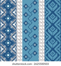 pattern Vertical composed of pixel designs with blue flowers , design for fabric or various pattern printing works.