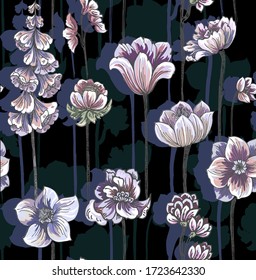 Pattern with vertical field flowers  on black background with silhouette of flowers