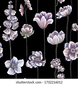 Pattern with vertical field flowers  on black background