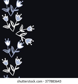 Pattern of vertical floral motif, doodles,leaves,spots, hole,flowers, bells,branches, copy space, seamless. Hand drawn.
