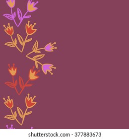 Pattern of vertical floral motif, doodles,leaves,spots, hole,flowers, bells,branches, copy space, seamless. Hand drawn.
