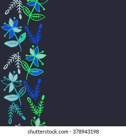 Pattern of vertical floral motif, doodles,spots, hole,flowers,branches, leaves, ellipses,  copy space, seamless. Hand drawn.