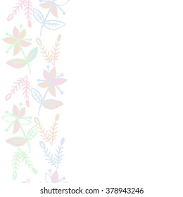Pattern of vertical floral motif, doodles,spots, hole,flowers,branches, leaves, ellipses,  copy space, seamless. Hand drawn.